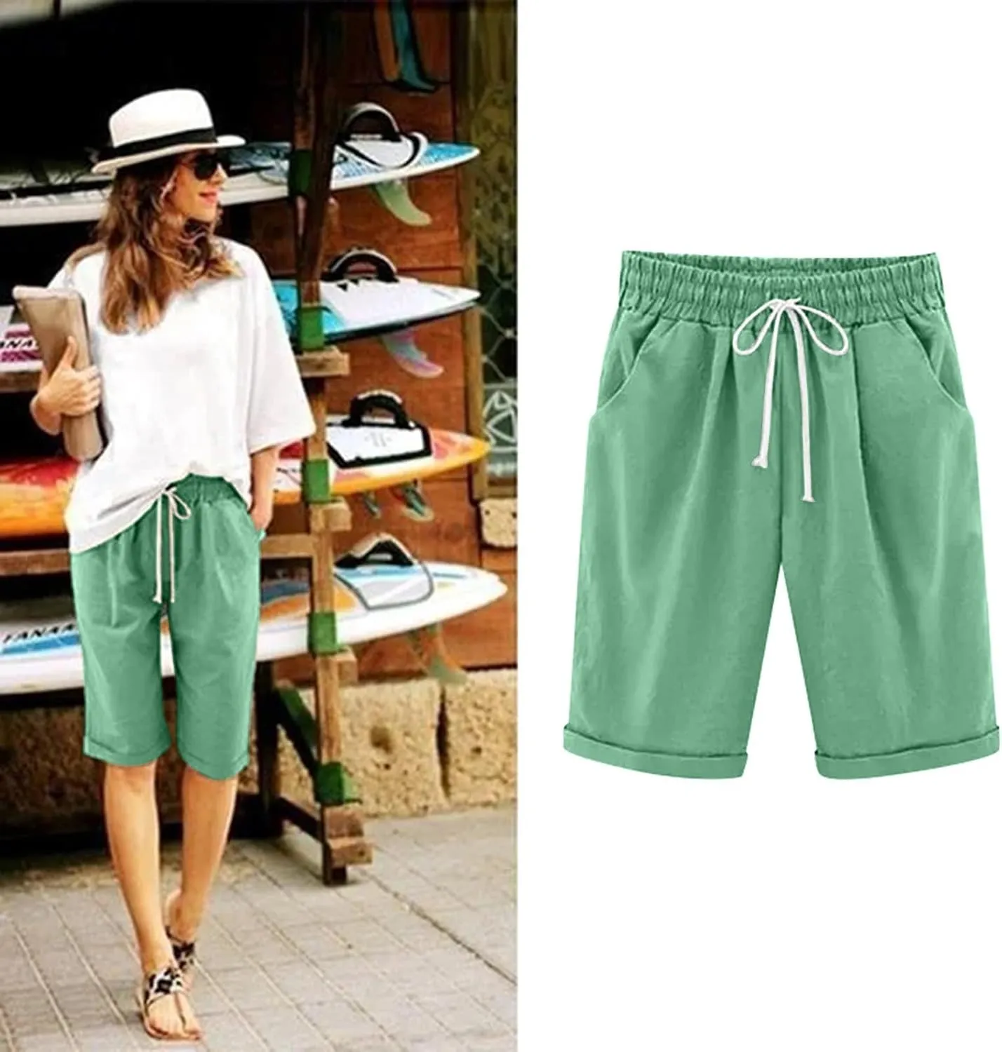 Bermuda Shorts for Women Knee Length Loose Fit Linen Shorts Elastic Waist Workout Shorts Summer Beach Shorts, Large