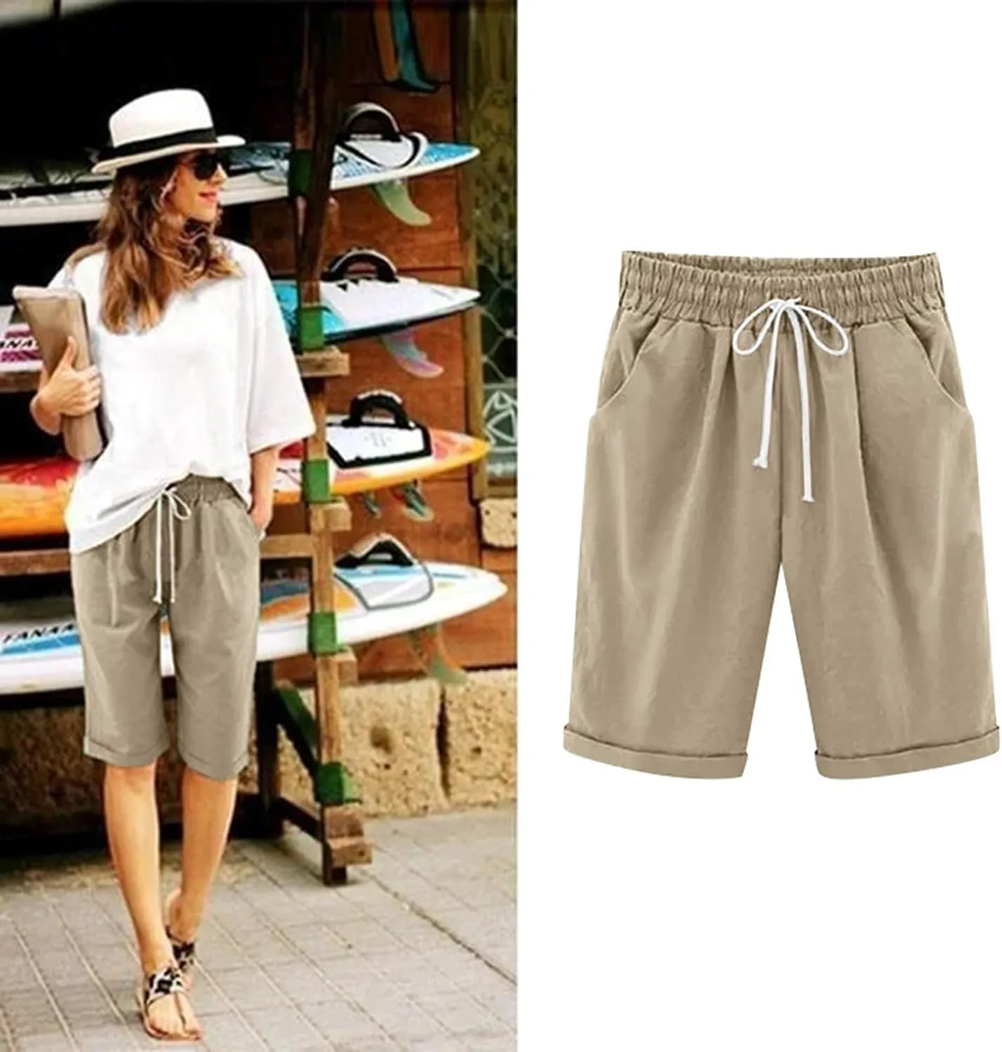 Bermuda Shorts for Women Knee Length Loose Fit Linen Shorts Elastic Waist Workout Shorts Summer Beach Shorts, Large