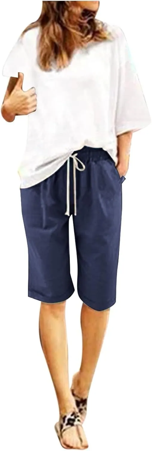 Bermuda Shorts for Women Knee Length Loose Fit Linen Shorts Elastic Waist Workout Shorts Summer Beach Shorts, Large