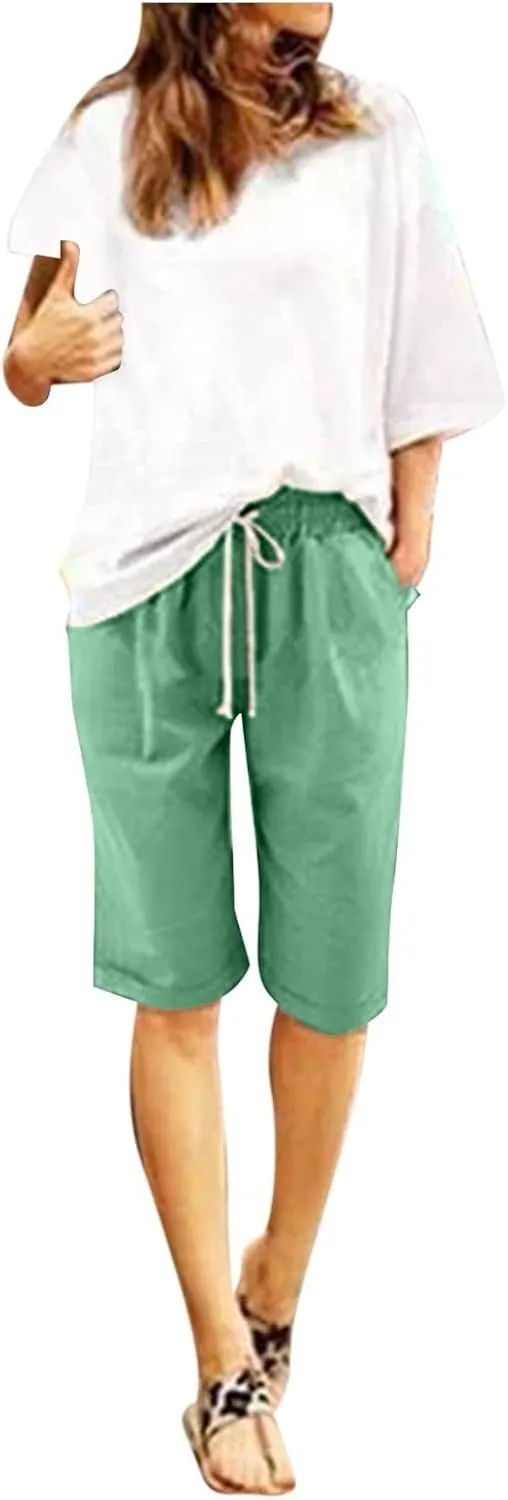 Bermuda Shorts for Women Knee Length Loose Fit Linen Shorts Elastic Waist Workout Shorts Summer Beach Shorts, Large