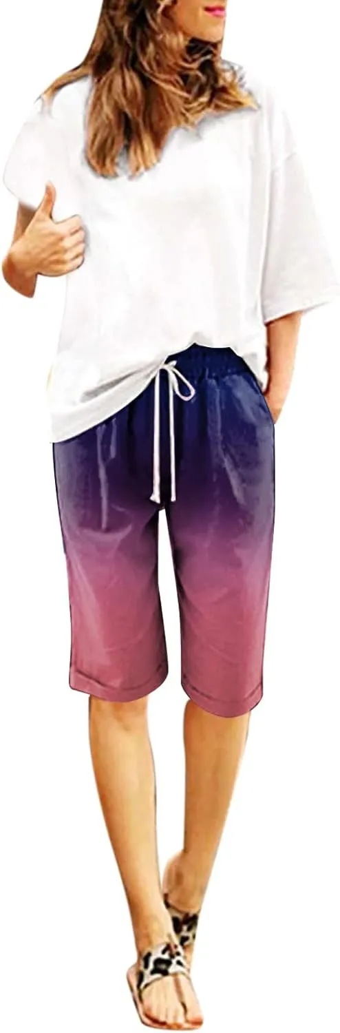 Bermuda Shorts for Women Knee Length Loose Fit Linen Shorts Elastic Waist Workout Shorts Summer Beach Shorts, Large