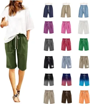 Bermuda Shorts for Women Knee Length Loose Fit Linen Shorts Elastic Waist Workout Shorts Summer Beach Shorts, Large