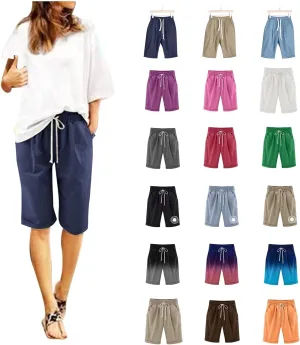 Bermuda Shorts for Women Knee Length Loose Fit Linen Shorts Elastic Waist Workout Shorts Summer Beach Shorts, Large