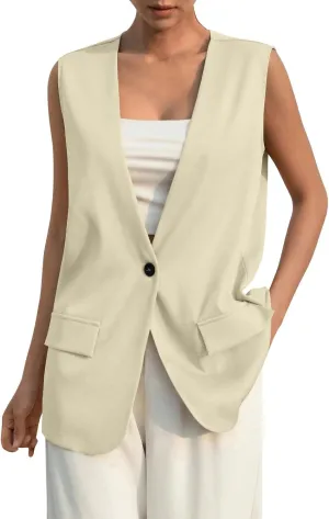 Button Suit Vest Women 2024 Collarless Sleeveless Blazer Jackets Loose Fashion Casual Open Front Vest Pockets