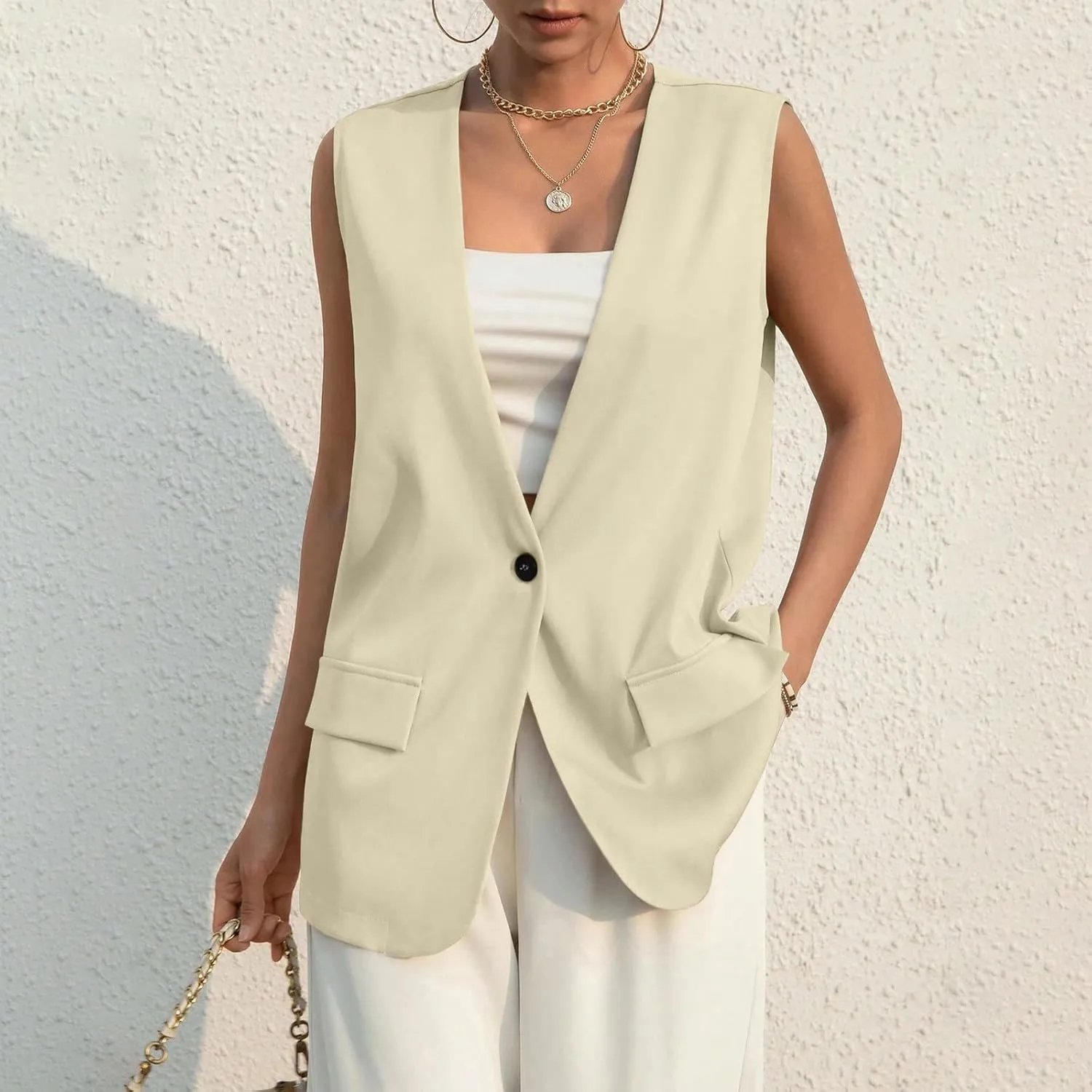 Button Suit Vest Women 2024 Collarless Sleeveless Blazer Jackets Loose Fashion Casual Open Front Vest Pockets