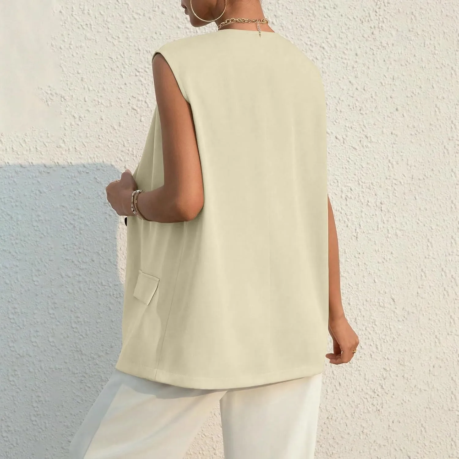 Button Suit Vest Women 2024 Collarless Sleeveless Blazer Jackets Loose Fashion Casual Open Front Vest Pockets