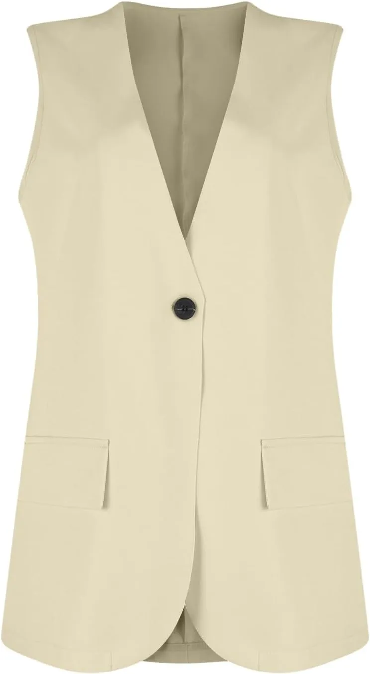 Button Suit Vest Women 2024 Collarless Sleeveless Blazer Jackets Loose Fashion Casual Open Front Vest Pockets