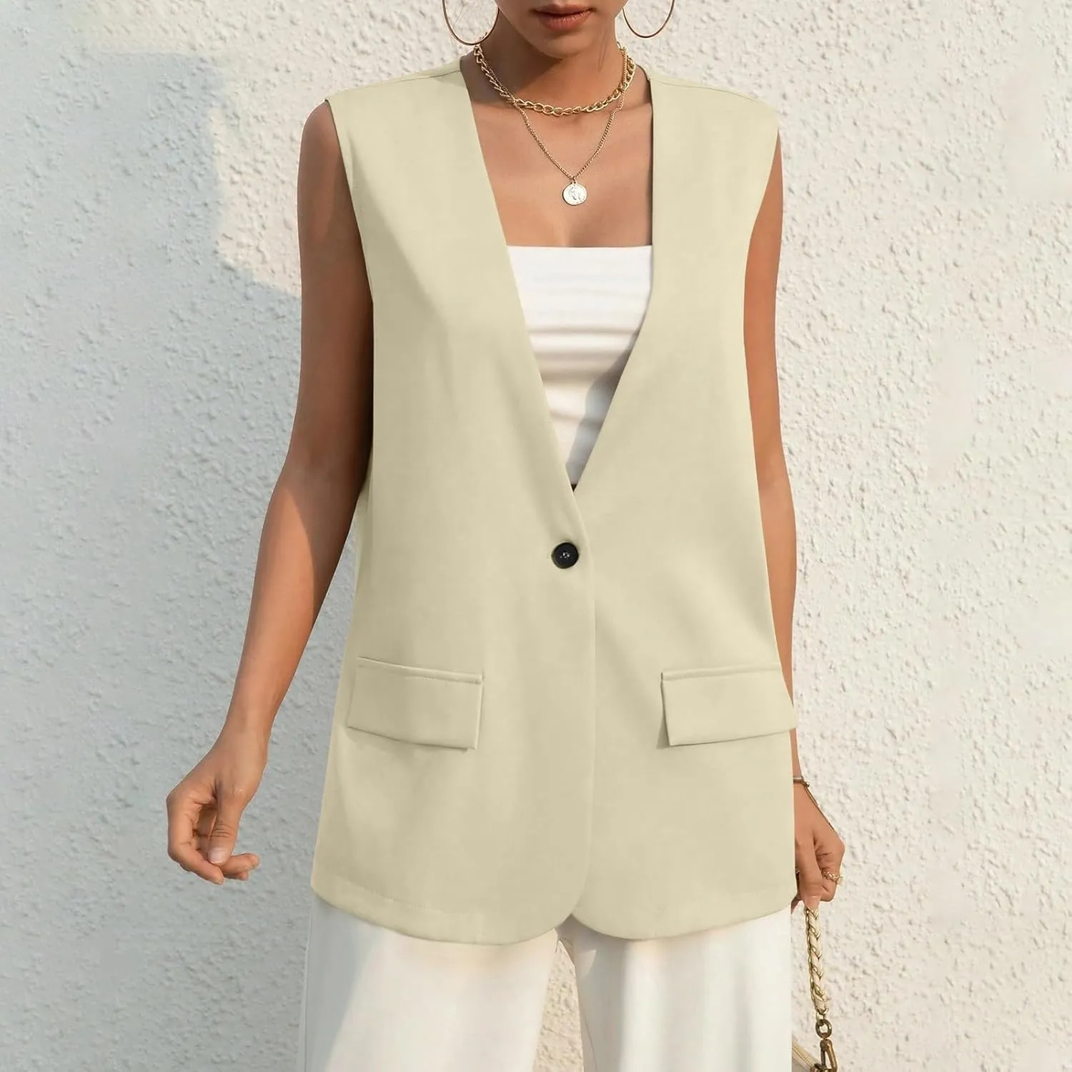 Button Suit Vest Women 2024 Collarless Sleeveless Blazer Jackets Loose Fashion Casual Open Front Vest Pockets