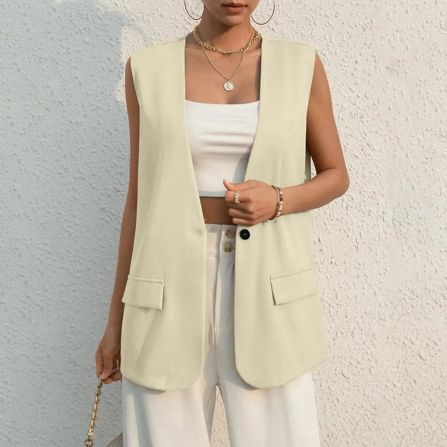 Button Suit Vest Women 2024 Collarless Sleeveless Blazer Jackets Loose Fashion Casual Open Front Vest Pockets