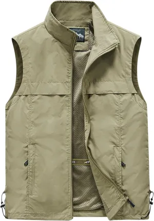 Cambkatl Men's Multi-Pockets Vest - Full Zipper Stand Collar Sleeveless Outerwear - Fishing Travel Utility Vest Gilet