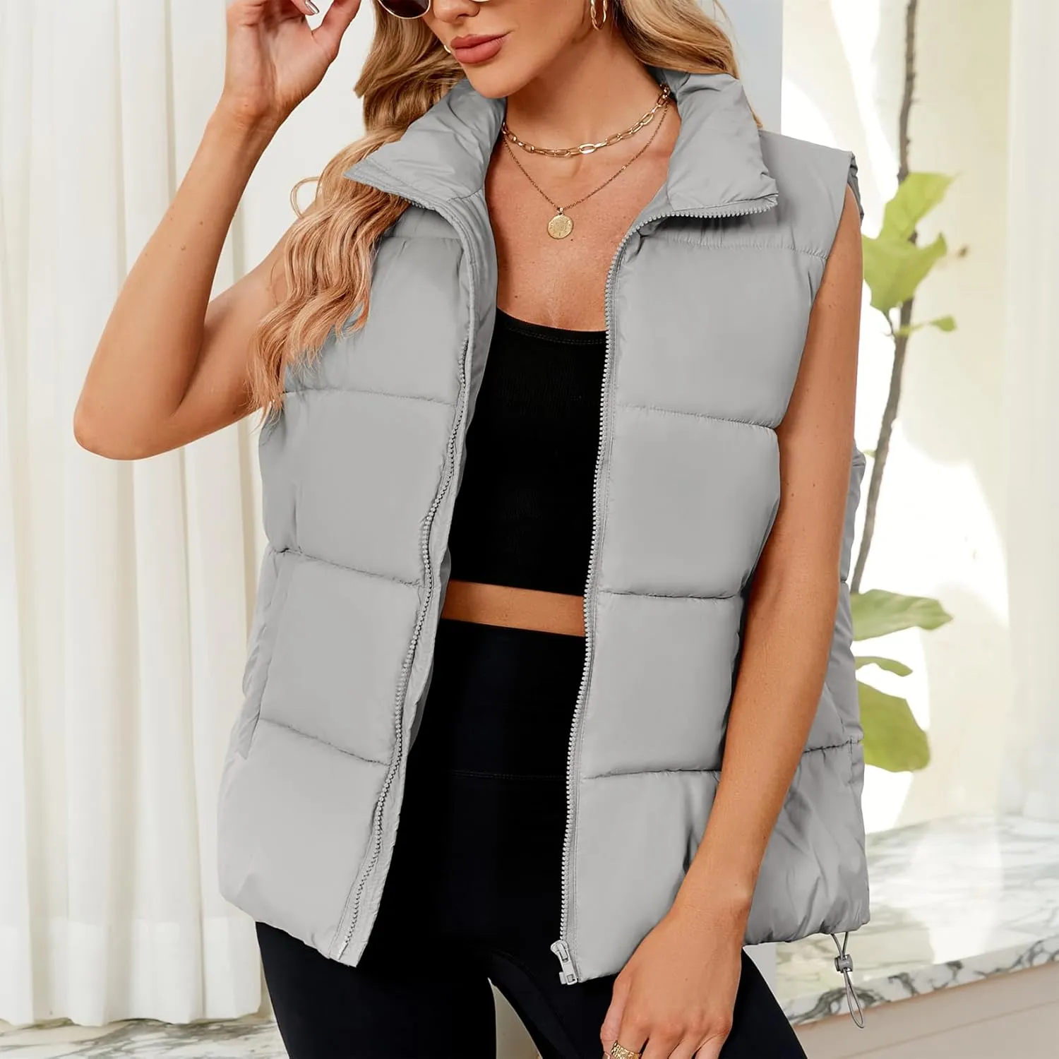 Century Star Puffer Vest for Women's Outerwear Vests Puffy Oversized 2024 Quilted Vest Tops Jackets Coat with Pockets