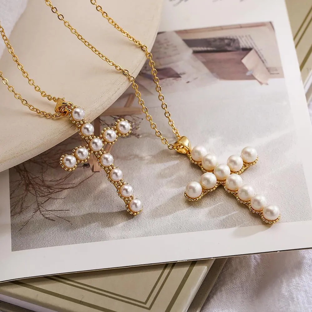Charm Pearl Cross Necklace Personalized Religious Baptism Jewelry