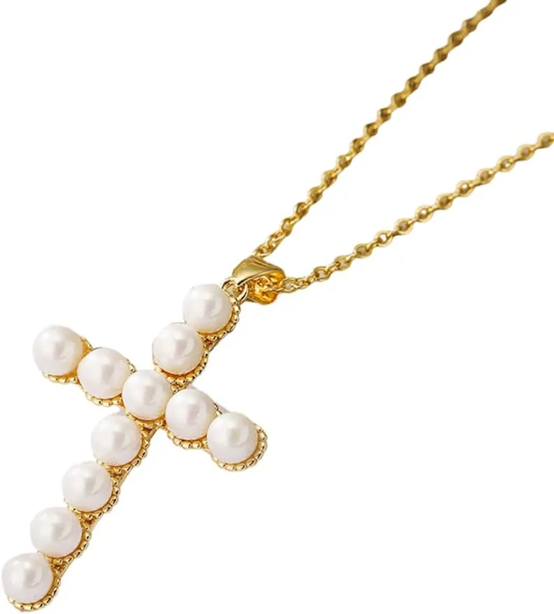 Charm Pearl Cross Necklace Personalized Religious Baptism Jewelry