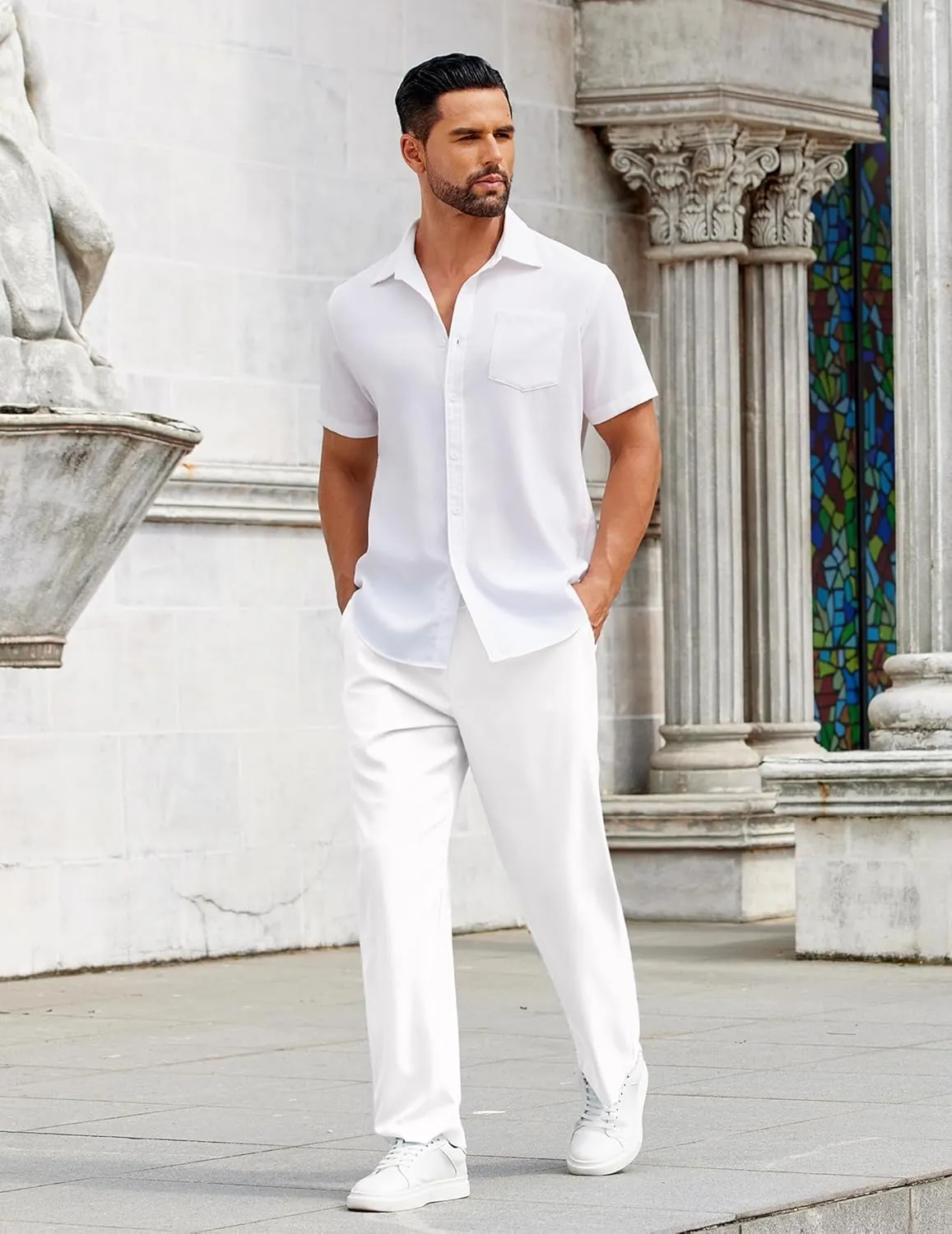COOFANDY Mens Casual Pants Drawstring Elastic Waist Pants Linen Summer Beach Pants