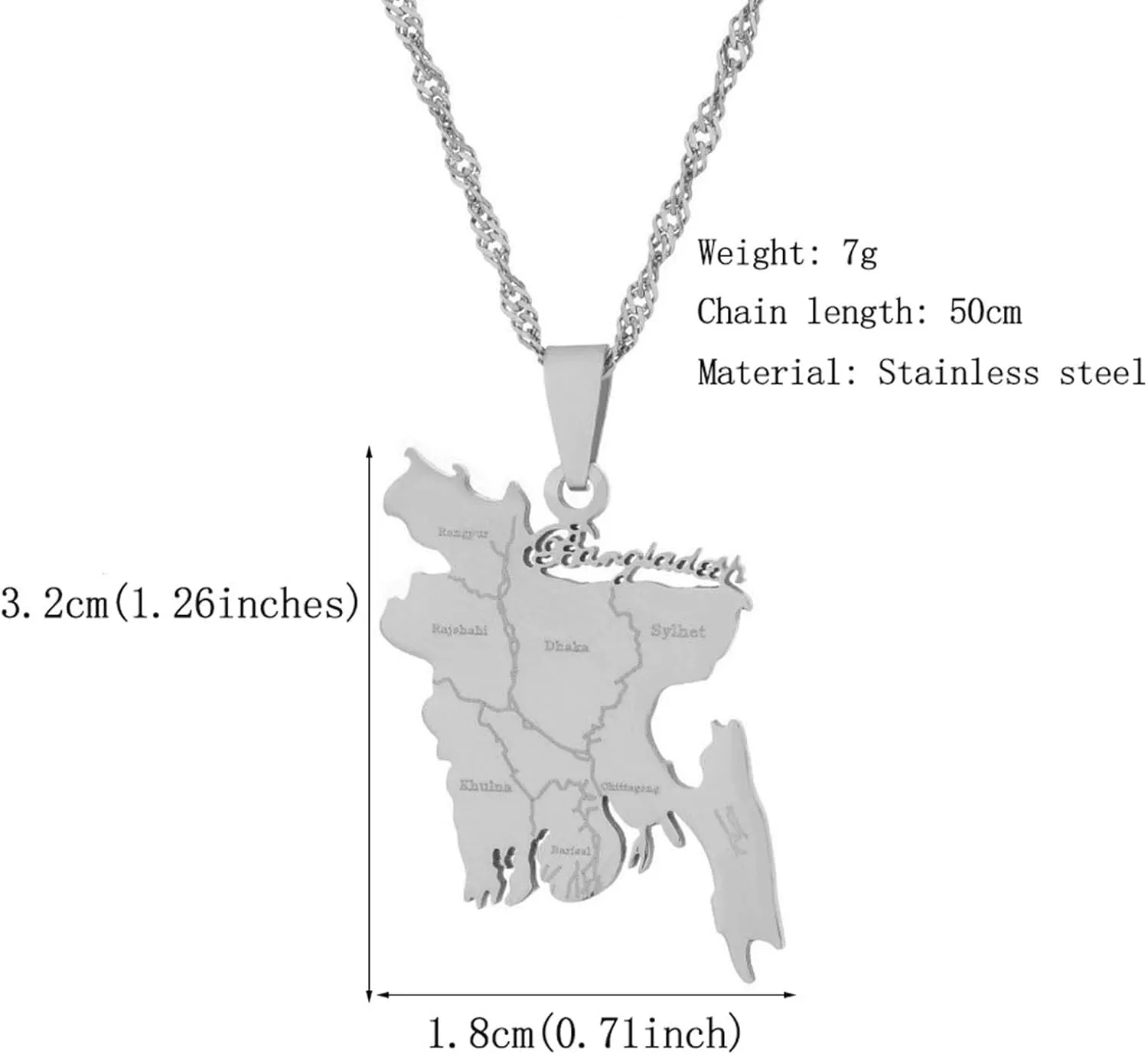 Fashion Stainless Steel Bangladesh Map and Cities Pendant Necklace