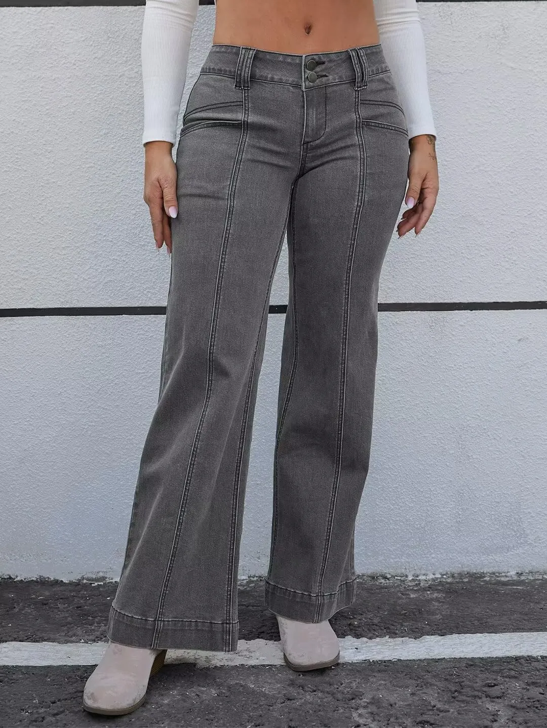 Flamingals Women's Tall Jeans Low Rise Flare Jeans Seam Front Baggy Jeans