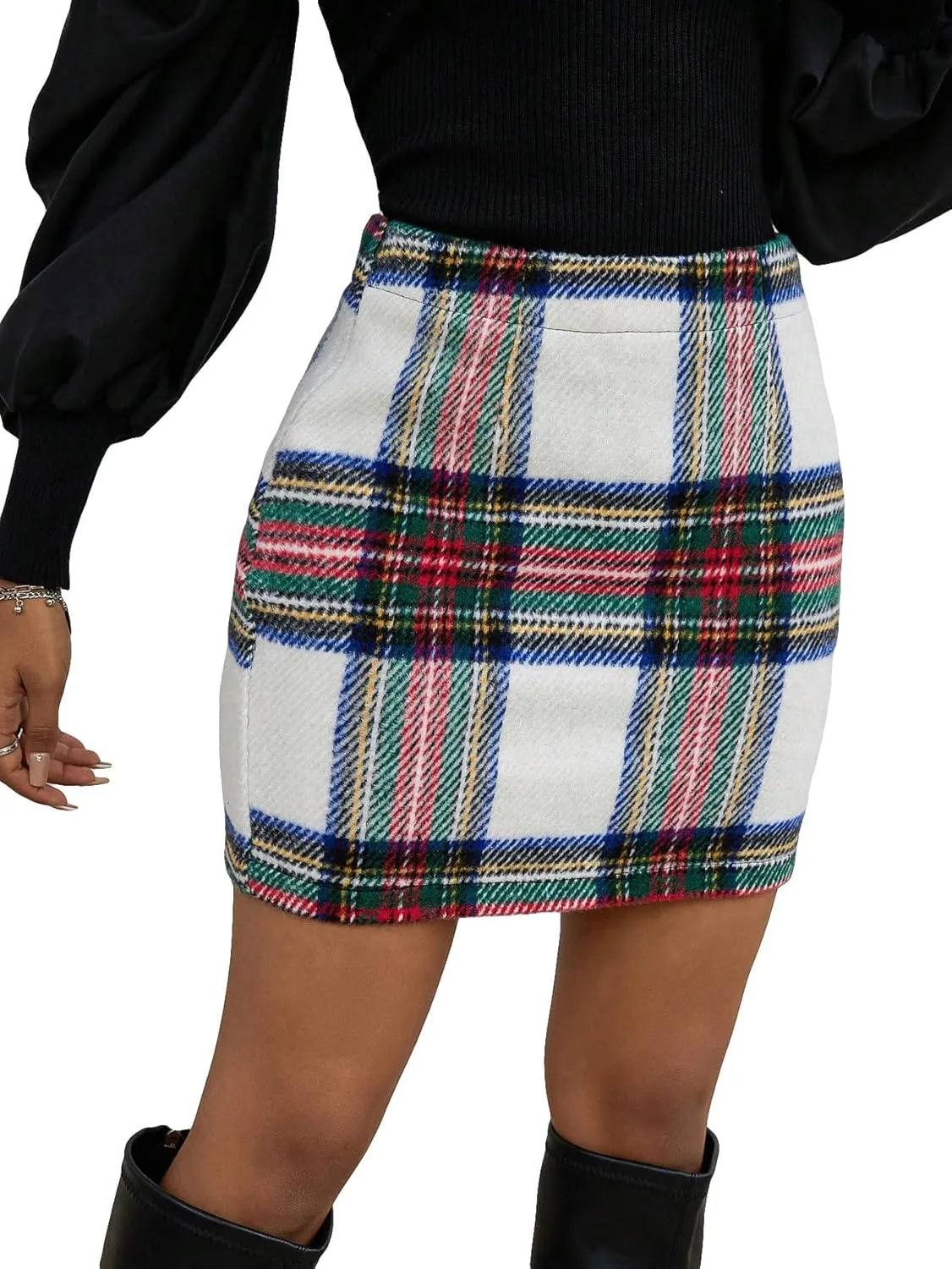 Floerns Women's Plaid High Waist Bodycon Mini Skirt