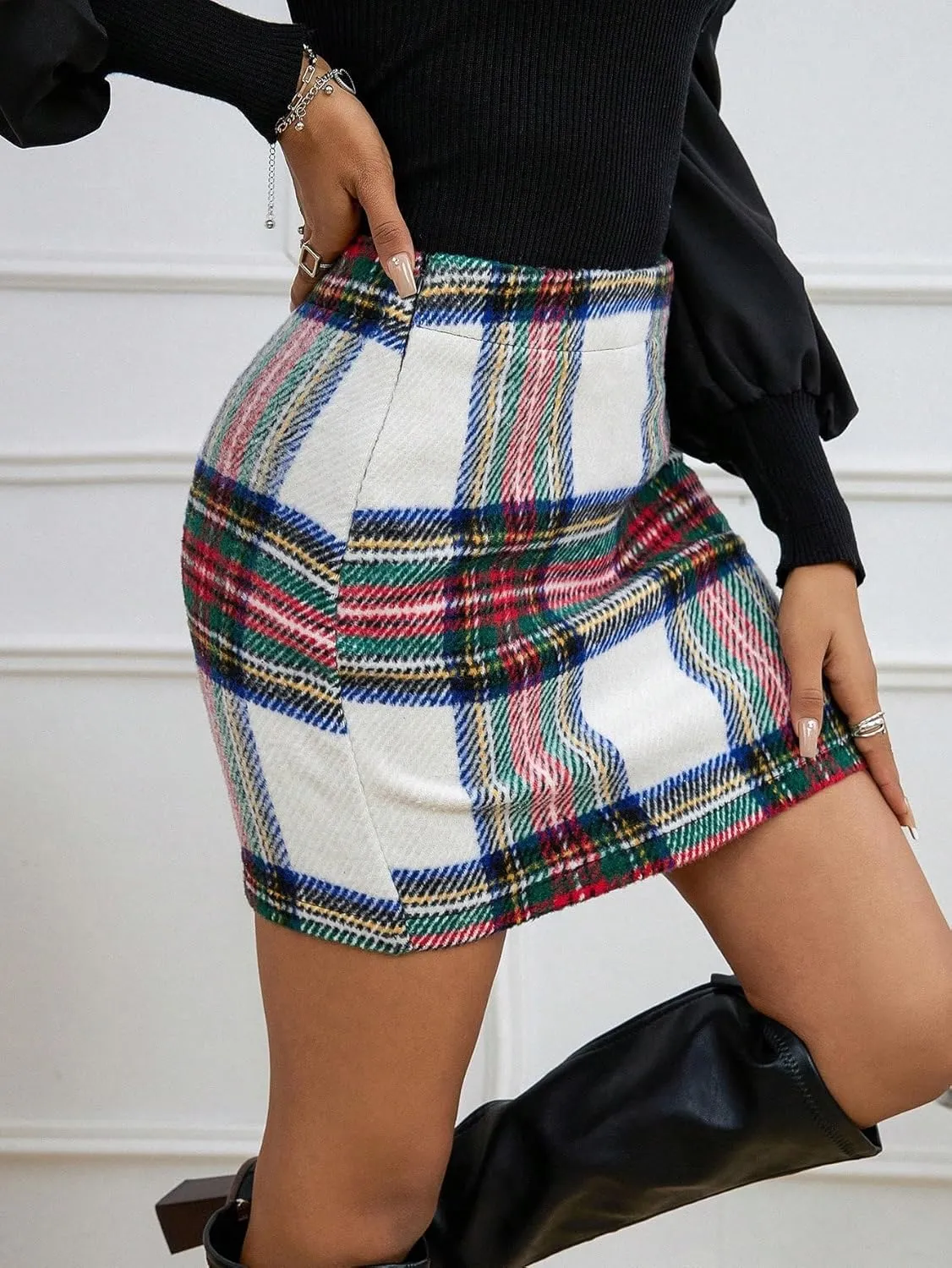 Floerns Women's Plaid High Waist Bodycon Mini Skirt