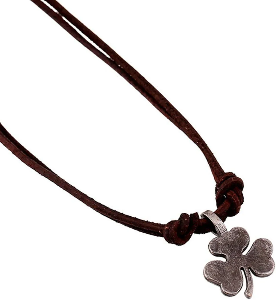 Hamoery Men Punk Alloy Leather Clover Chain Pendant Necklace