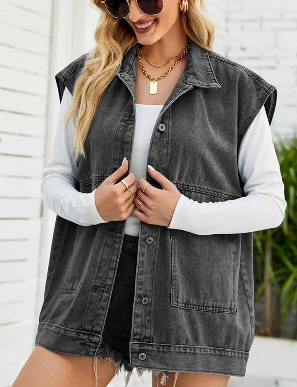 HangNiFang Aztec Denim Jacket Shacket for Women Button Down Vintage Distressed Blue Jean Jacket