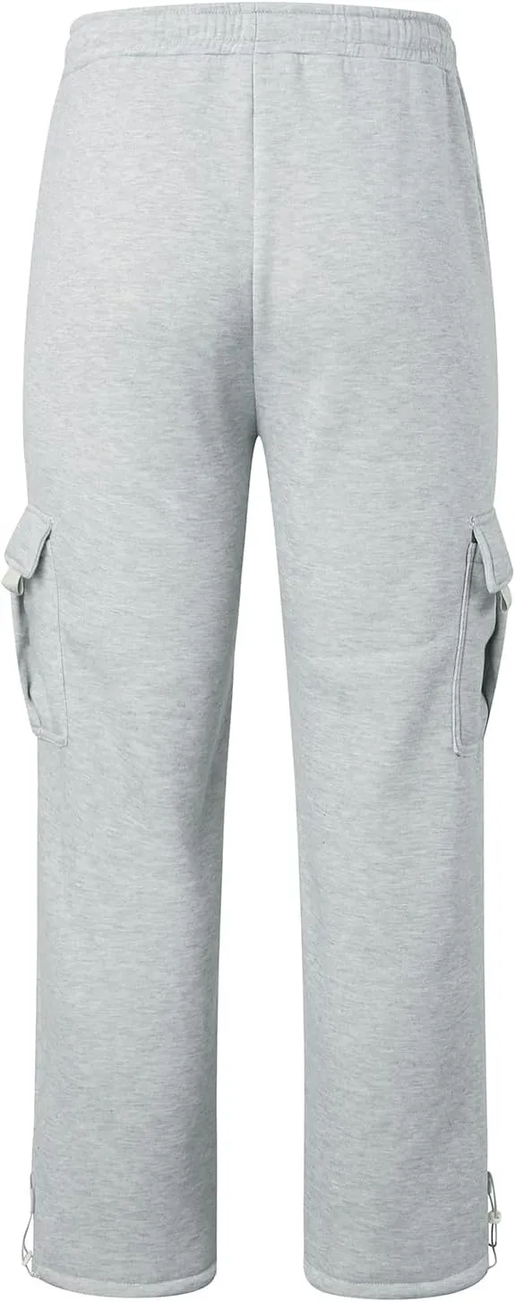 Heavyweight Cargo Sweatpants for Men Casual Fleece Jogger Sports Hiking Pants Drawstring Trousers with Pockets