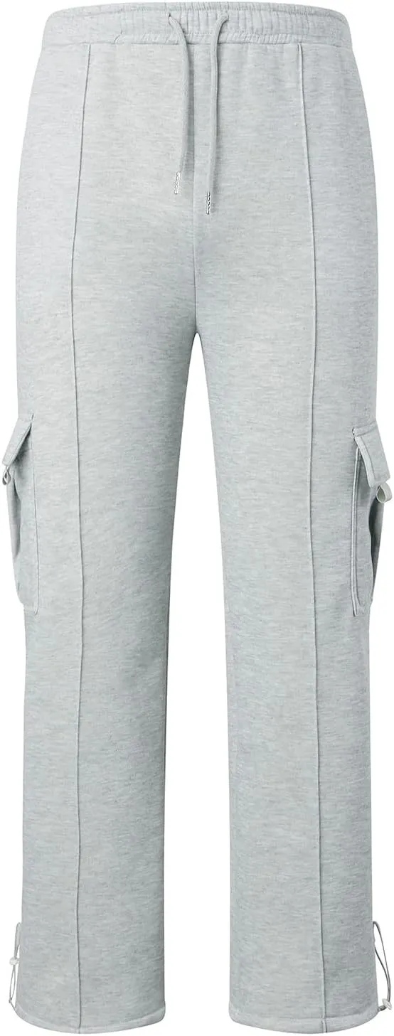 Heavyweight Cargo Sweatpants for Men Casual Fleece Jogger Sports Hiking Pants Drawstring Trousers with Pockets