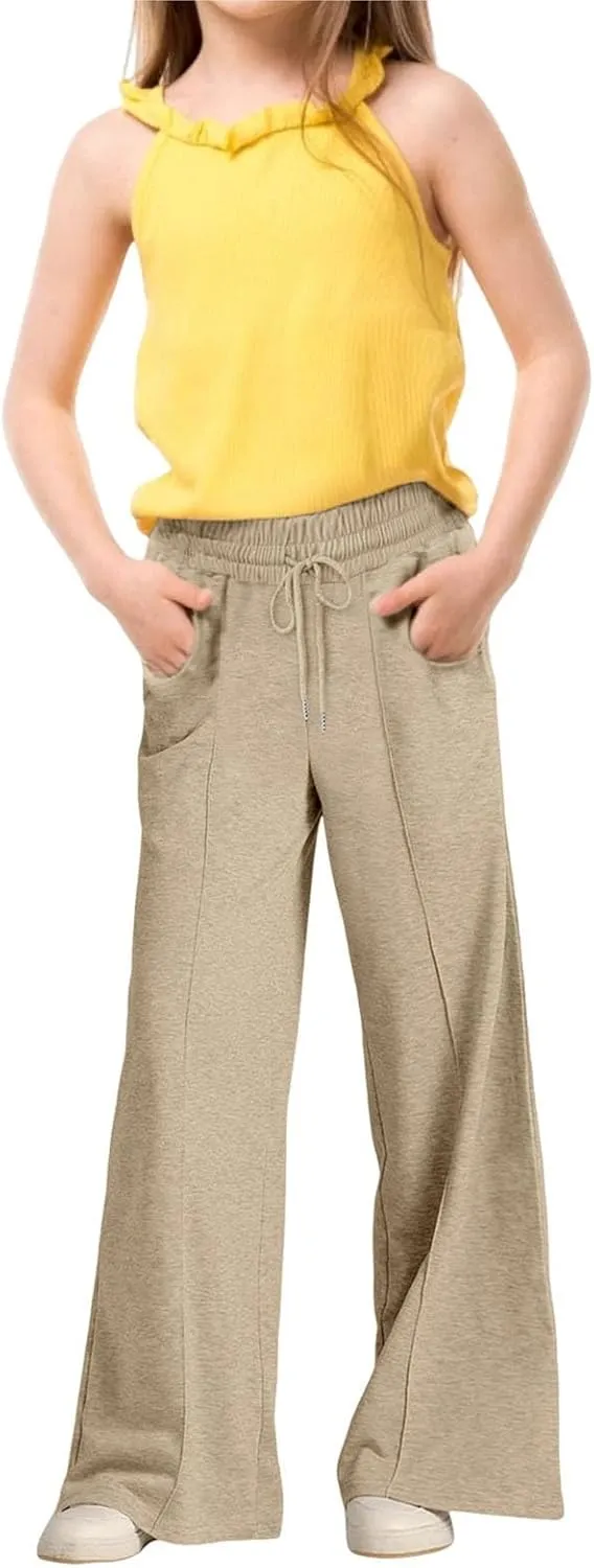 Kids Girls Wide Leg Sweatpants rawstring Straight Elastic Waisted Baggy Breathable Pants Pocket Trousers