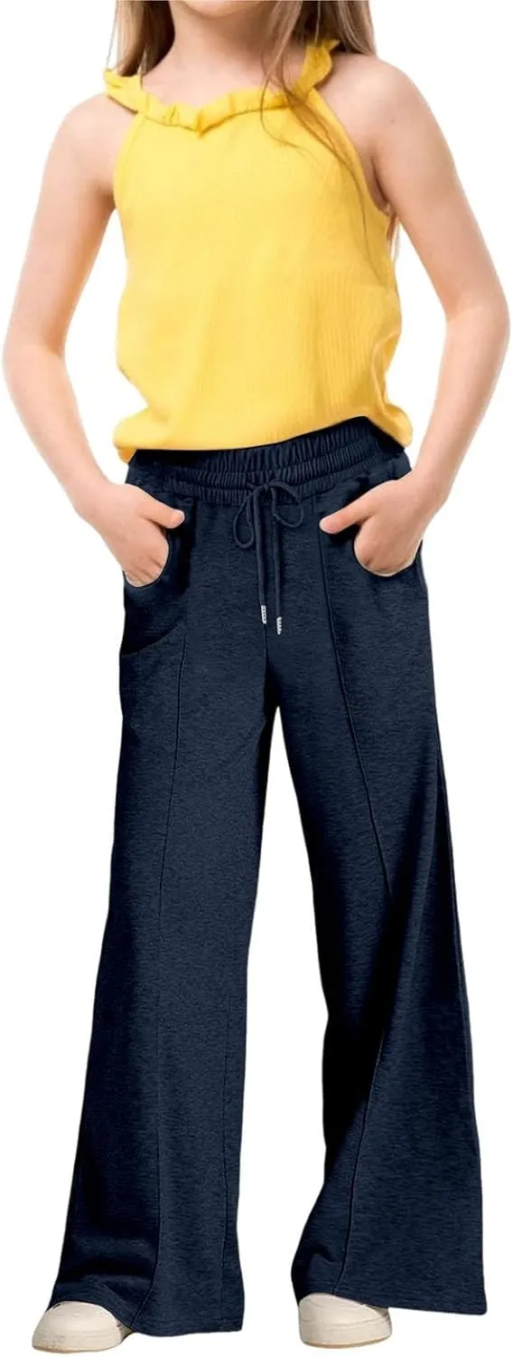 Kids Girls Wide Leg Sweatpants rawstring Straight Elastic Waisted Baggy Breathable Pants Pocket Trousers