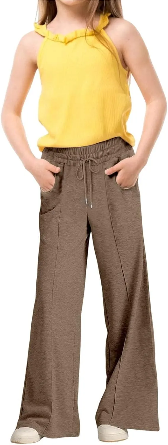 Kids Girls Wide Leg Sweatpants rawstring Straight Elastic Waisted Baggy Breathable Pants Pocket Trousers