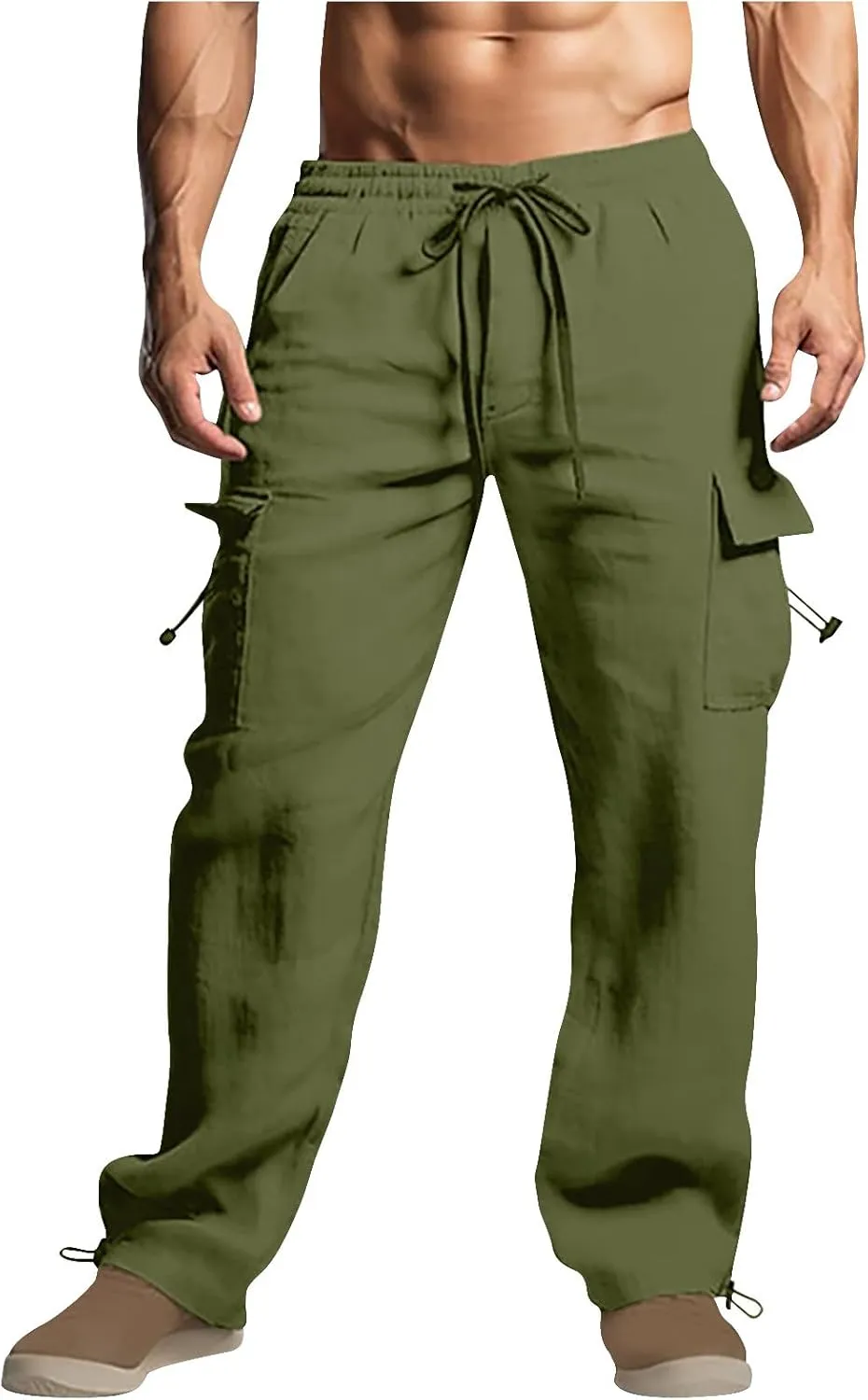 Linen Cargo Pants Men Relaxed Drawstring Pants Elastic Waist Multi Pack Pants Lightweight Lounge Pants Loose Trousers