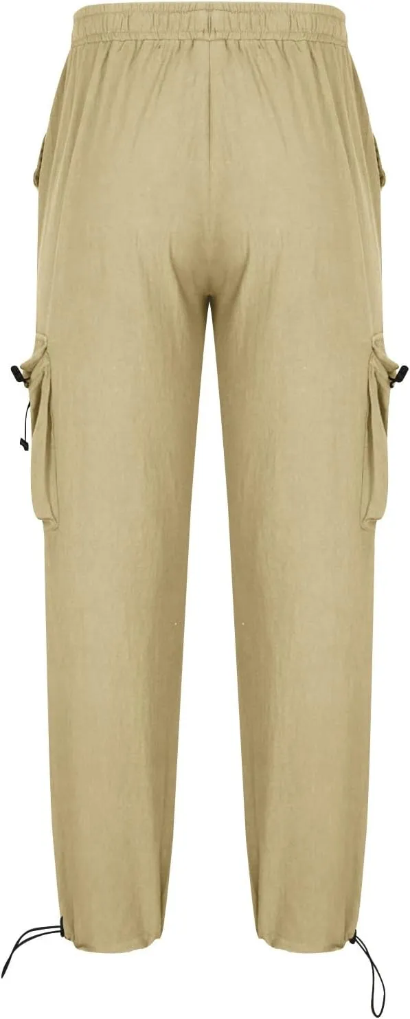 Linen Cargo Pants Men Relaxed Drawstring Pants Elastic Waist Multi Pack Pants Lightweight Lounge Pants Loose Trousers