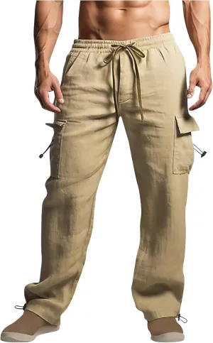 Linen Cargo Pants Men Relaxed Drawstring Pants Elastic Waist Multi Pack Pants Lightweight Lounge Pants Loose Trousers