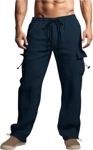 Linen Cargo Pants Men Relaxed Drawstring Pants Elastic Waist Multi Pack Pants Lightweight Lounge Pants Loose Trousers