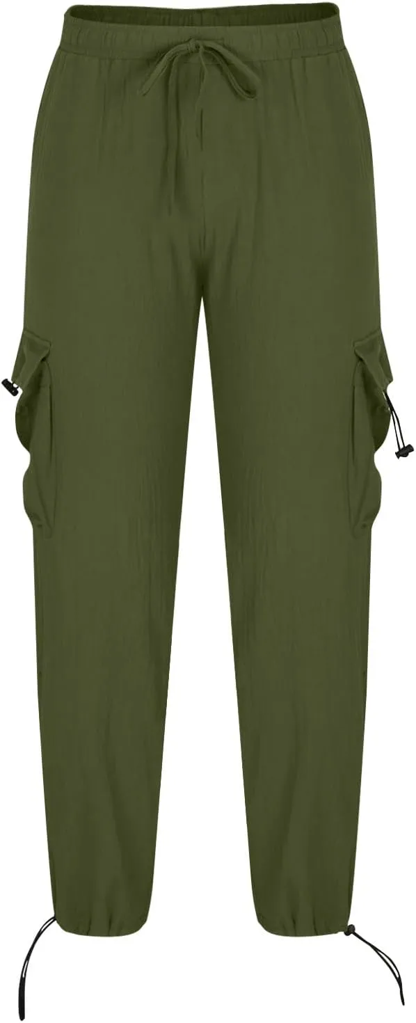 Linen Cargo Pants Men Relaxed Drawstring Pants Elastic Waist Multi Pack Pants Lightweight Lounge Pants Loose Trousers