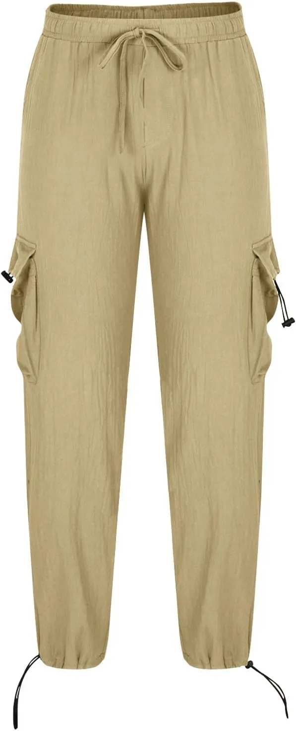 Linen Cargo Pants Men Relaxed Drawstring Pants Elastic Waist Multi Pack Pants Lightweight Lounge Pants Loose Trousers