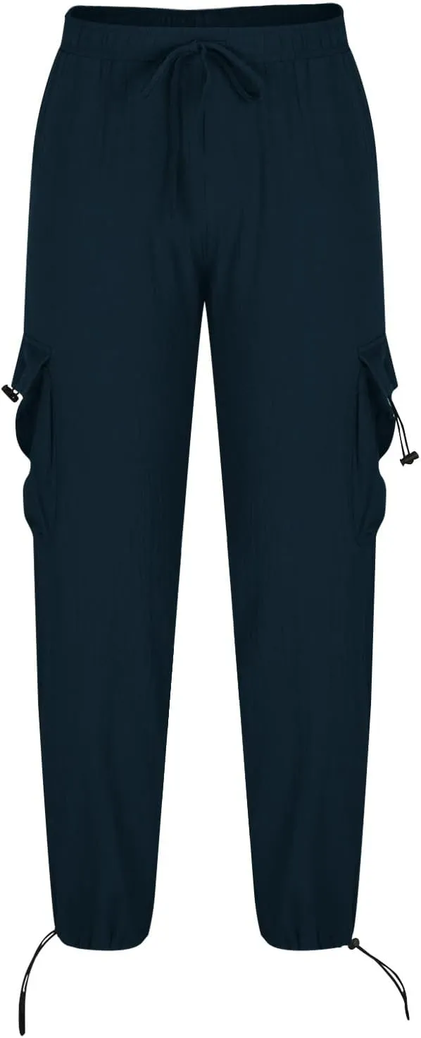 Linen Cargo Pants Men Relaxed Drawstring Pants Elastic Waist Multi Pack Pants Lightweight Lounge Pants Loose Trousers