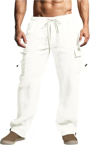 Linen Cargo Pants Men Relaxed Drawstring Pants Elastic Waist Multi Pack Pants Lightweight Lounge Pants Loose Trousers