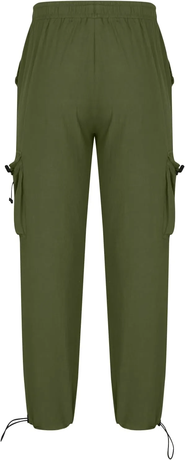 Linen Cargo Pants Men Relaxed Drawstring Pants Elastic Waist Multi Pack Pants Lightweight Lounge Pants Loose Trousers