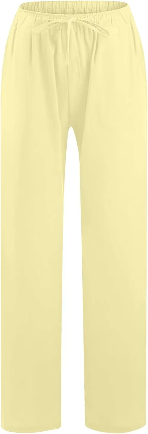 Linen Pants Women Summer Wide Leg Pants Drawstring Elastic Waist Pants High Waisted Lounge Pants Casual Beach Trousers