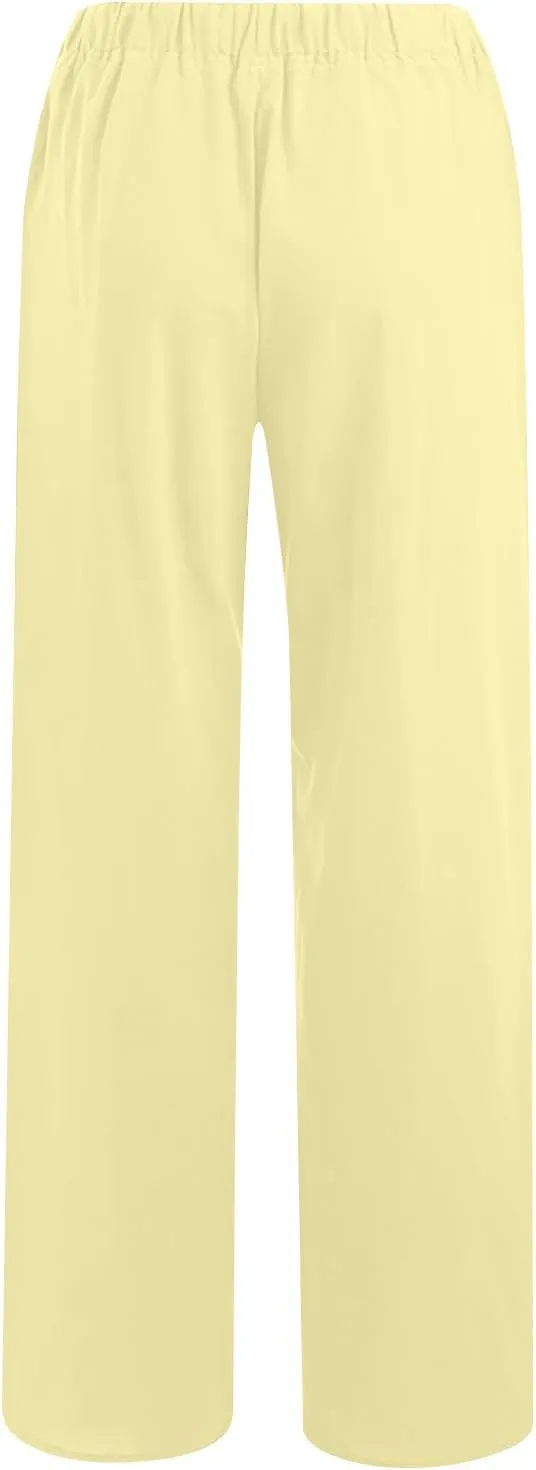 Linen Pants Women Summer Wide Leg Pants Drawstring Elastic Waist Pants High Waisted Lounge Pants Casual Beach Trousers