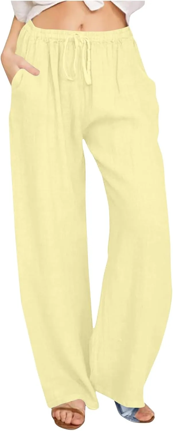 Linen Pants Women Summer Wide Leg Pants Drawstring Elastic Waist Pants High Waisted Lounge Pants Casual Beach Trousers