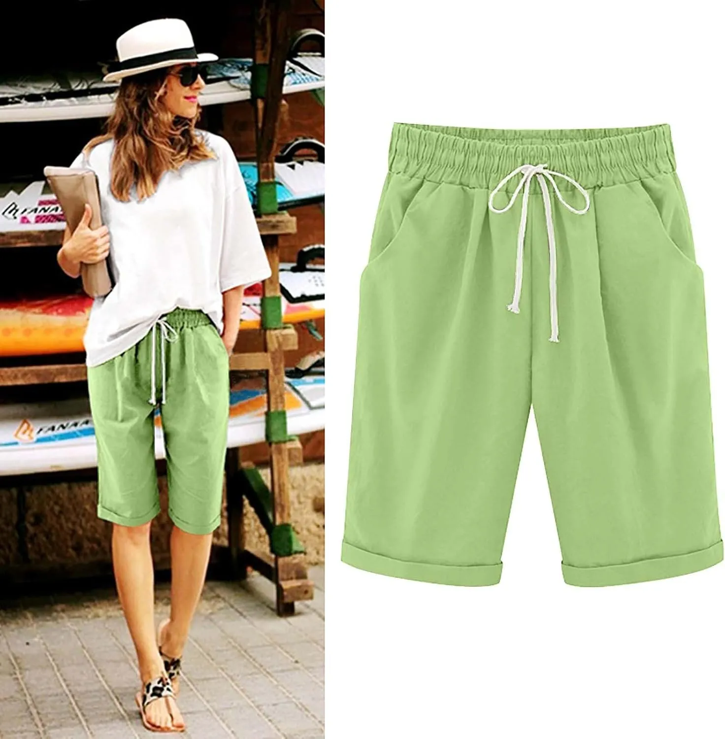 Linen Shorts for Women Casual 2024 Summer Shorts Bermuda Drawstring Beach Shorts