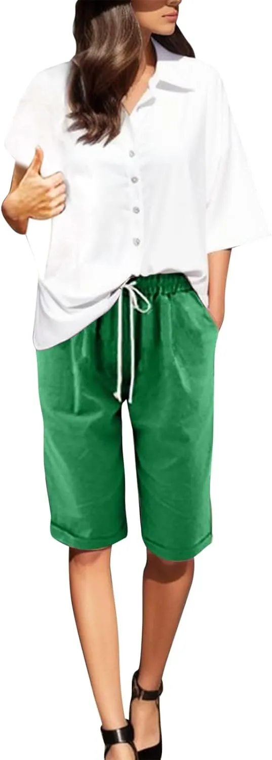 Linen Shorts for Women Casual 2024 Summer Shorts Bermuda Drawstring Beach Shorts