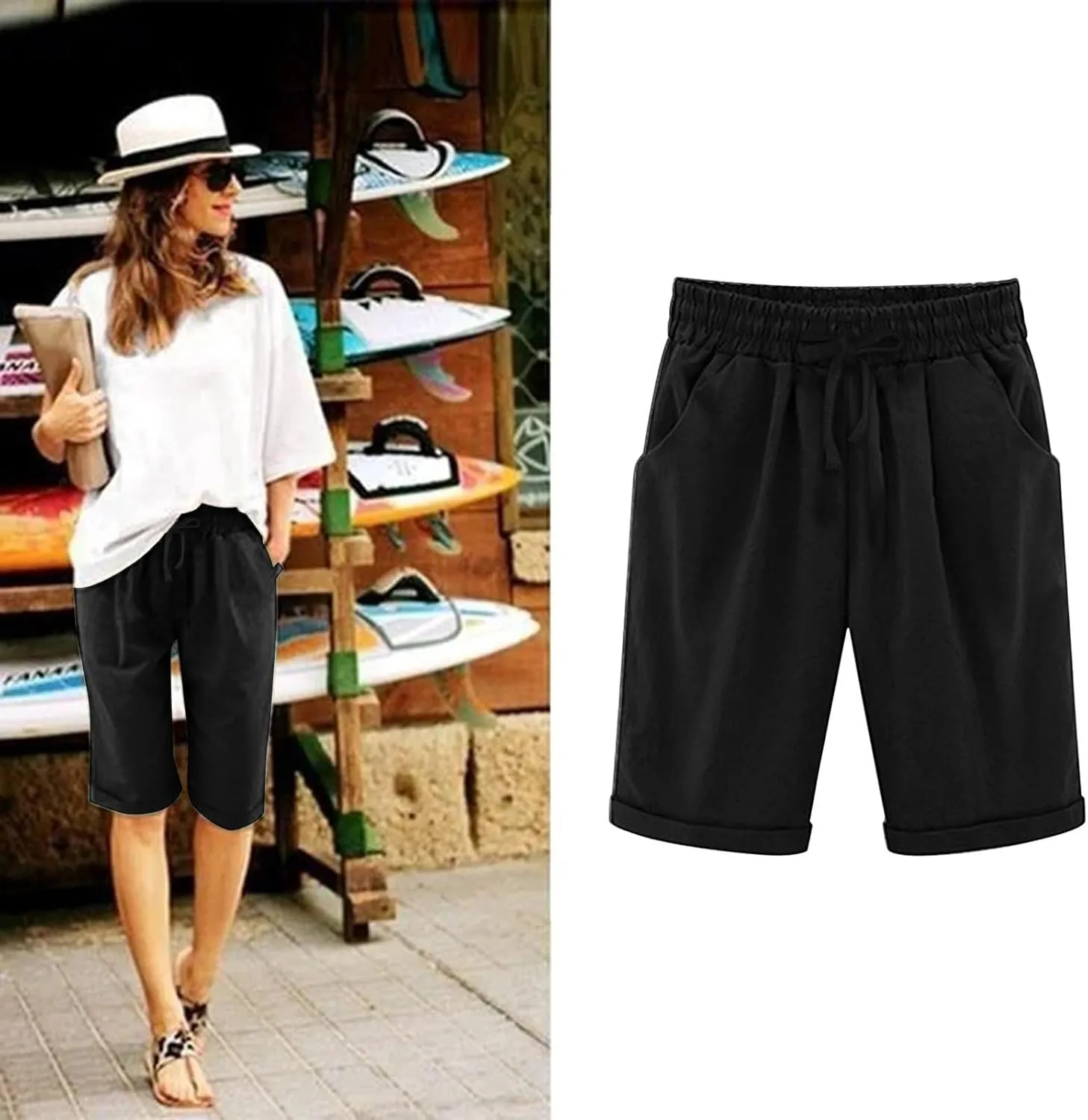 Linen Shorts for Women Casual 2024 Summer Shorts Bermuda Drawstring Beach Shorts