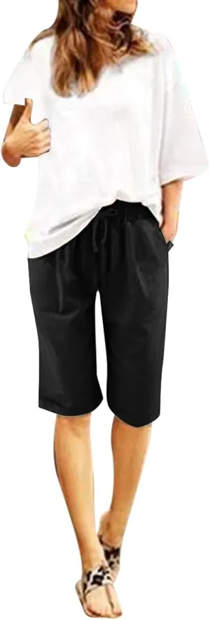 Linen Shorts for Women Casual 2024 Summer Shorts Bermuda Drawstring Beach Shorts
