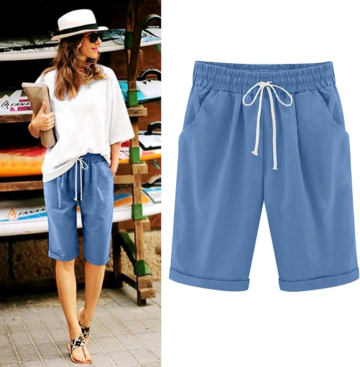 Linen Shorts for Women Casual 2024 Summer Shorts Bermuda Drawstring Beach Shorts
