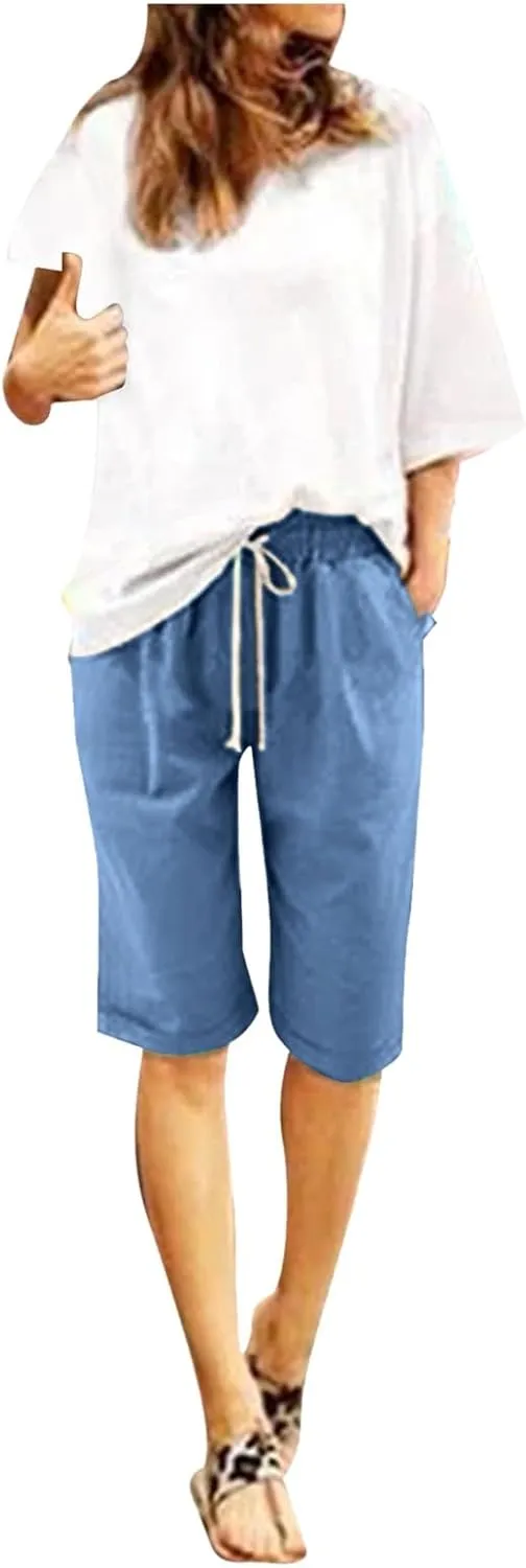 Linen Shorts for Women Casual 2024 Summer Shorts Bermuda Drawstring Beach Shorts