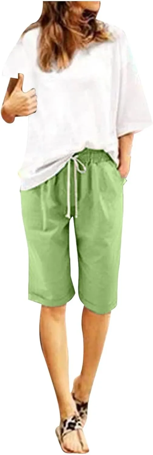 Linen Shorts for Women Casual 2024 Summer Shorts Bermuda Drawstring Beach Shorts