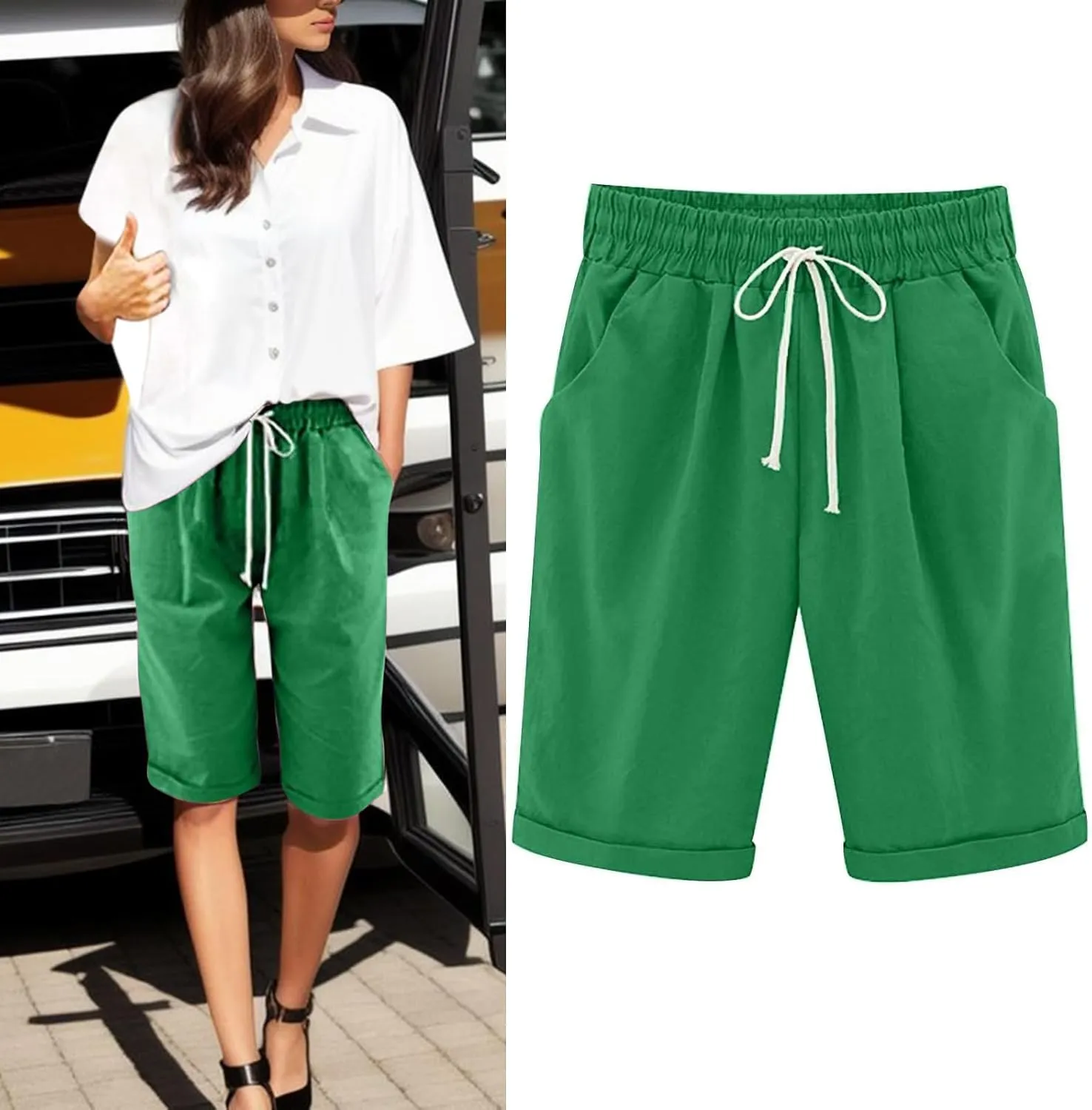 Linen Shorts for Women Casual 2024 Summer Shorts Bermuda Drawstring Beach Shorts