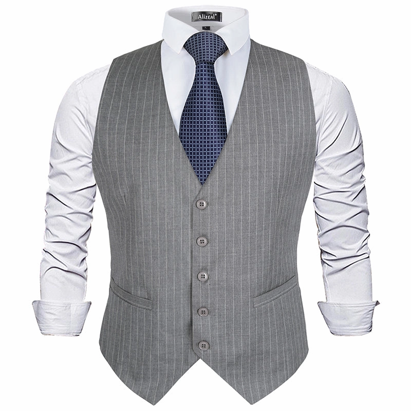 Men's Pinstripe Business Suit Vest Formal Dress Tuxedo Waistcoat, 188-Gray Striped
